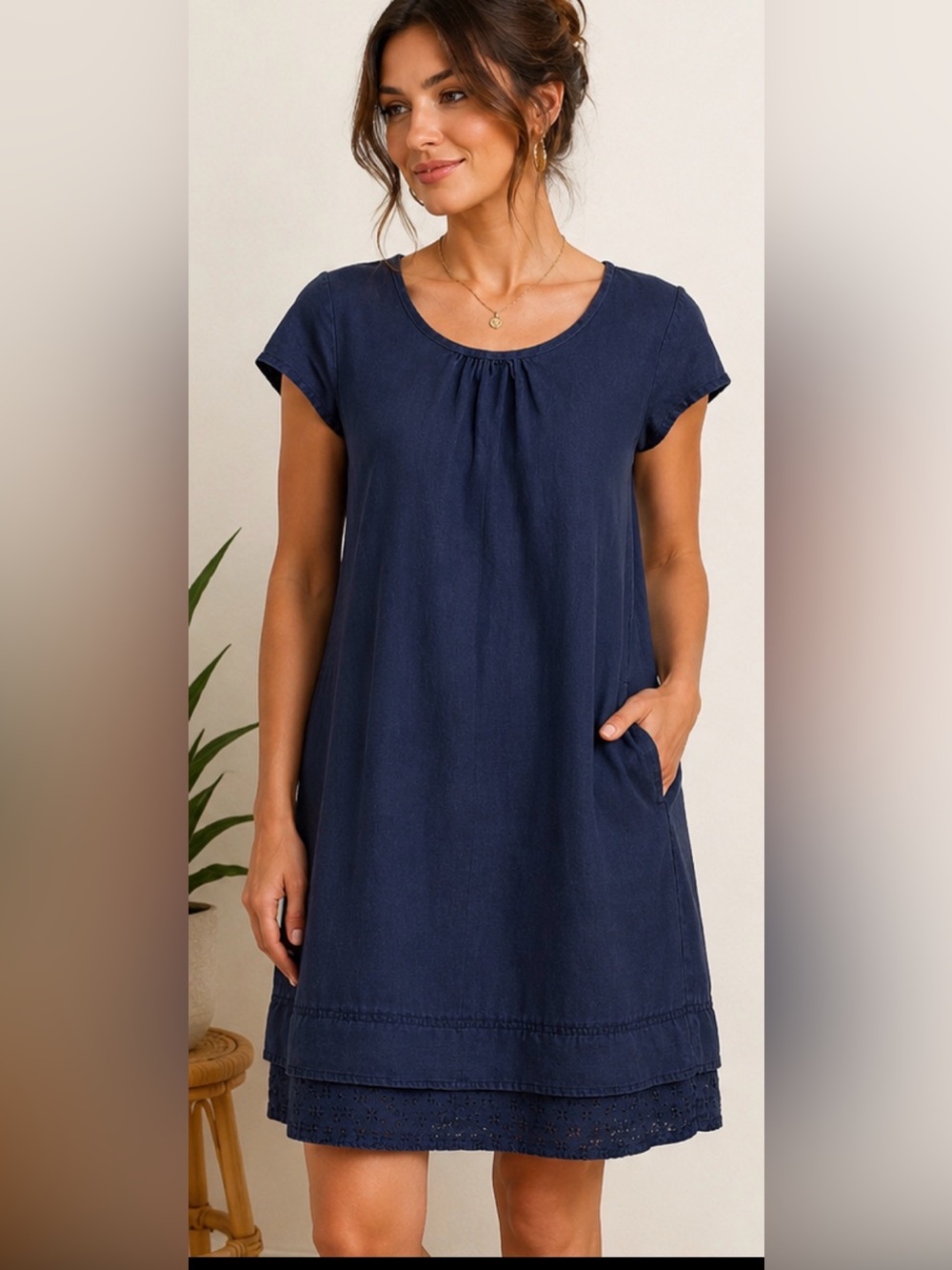 Malvin Hamburg Germany Navy Blue Linen Ramie Shift Dress Size M
